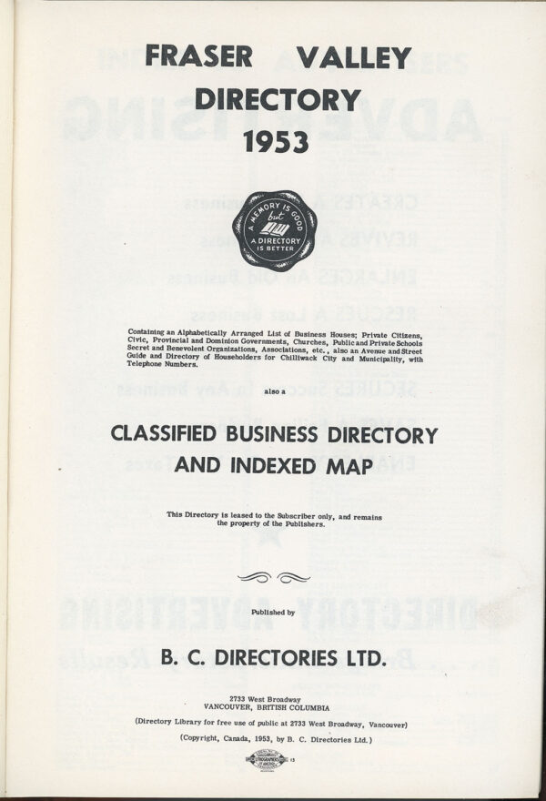 Fraser Valley Directory [Book] -VINTAGE 1953