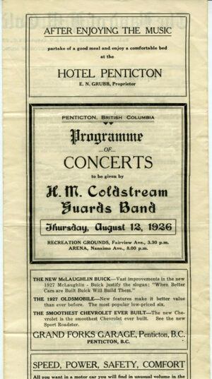 COLDSTREAM GUARDS CONCERT PROGRAMME IN PENTICTON 1926