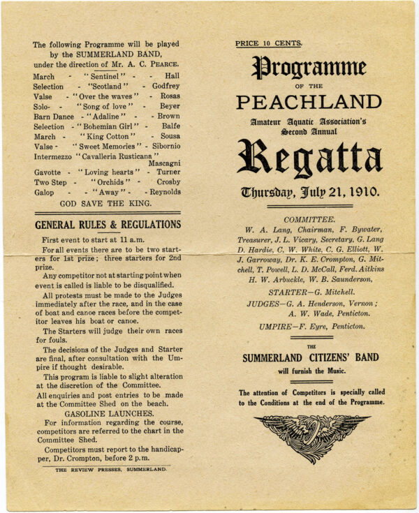 PEACHLAND REGATTA PROGRAMME 1910