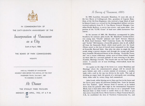 67th Anniversary of Vancouver's Incorporation as a city