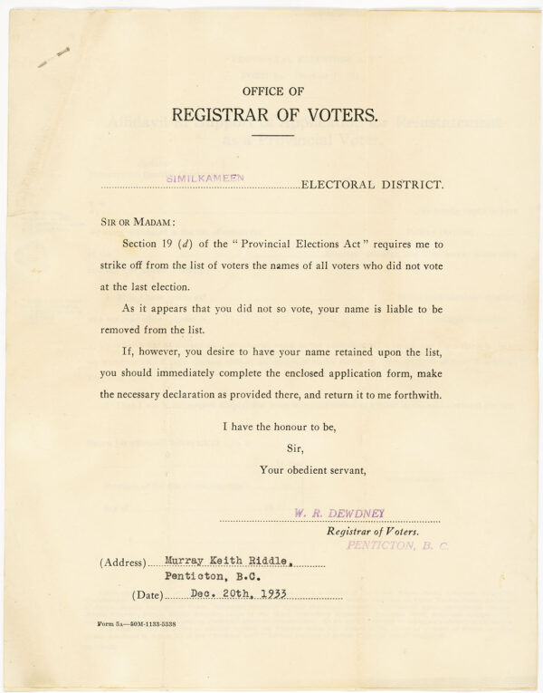 REGISTRAR OF VOTERS 1933