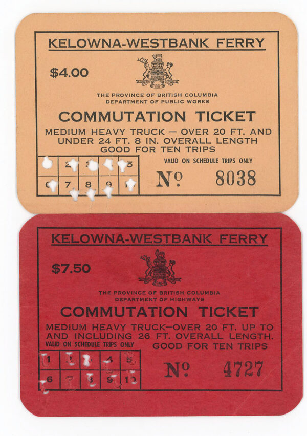KELOWNA WESTBANK FERRY COMMUTATION TICKET 1950