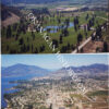 Aerial view of Kelowna BC waterfront and bridge, 1965, photographed by Allan Ribelin