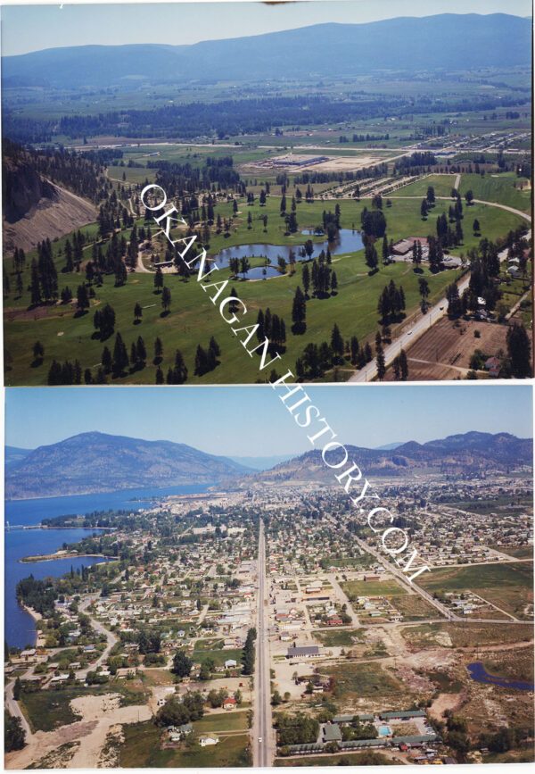 Aerial view of Kelowna BC waterfront and bridge, 1965, photographed by Allan Ribelin