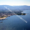 Aerial view of Kelowna bridge BC waterfront and bridge, 1965, photographed by Allan Ribelin
