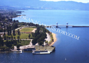 Aerial view of Kelowna BC waterfront and bridge, 1965, photographed by Allan Ribelin