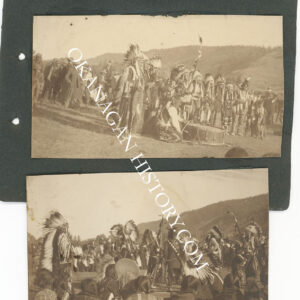 Two 1910 photographs of the Nez Perce celebration near Vernon, BC, showing dancers in feathered headdresses and a seated drum circle before a crowd, mounted on a black album page