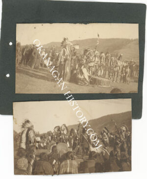 Two 1910 photographs of the Nez Perce celebration near Vernon, BC, showing dancers in feathered headdresses and a seated drum circle before a crowd, mounted on a black album page