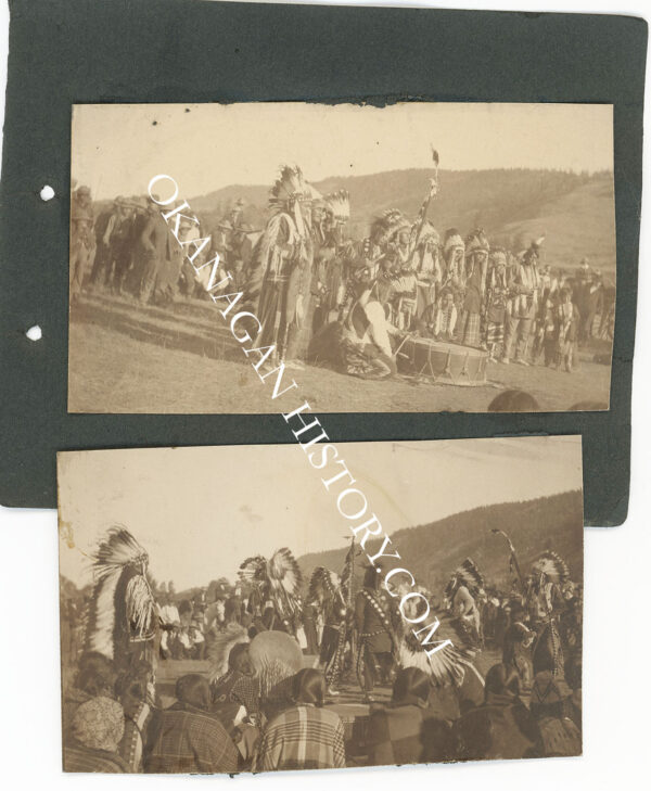 Two 1910 photographs of the Nez Perce celebration near Vernon, BC, showing dancers in feathered headdresses and a seated drum circle before a crowd, mounted on a black album page