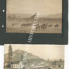 Two 1910 photographs mounted on a black album page: mounted riders gathered in a dusty valley field with forested hills behind, and a dirt road running through a small BC settlement with wooden houses and rail fences