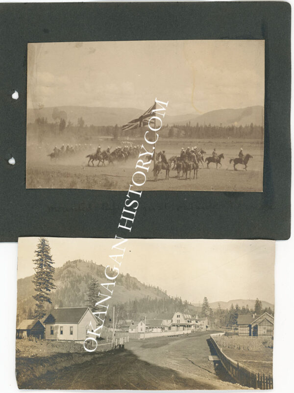 Two 1910 photographs mounted on a black album page: mounted riders gathered in a dusty valley field with forested hills behind, and a dirt road running through a small BC settlement with wooden houses and rail fences
