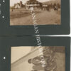 Two 1910 photographs on a black album page: a Vernon BC street with a large veranda-fronted building and horse-drawn wagons, pencil-captioned on the mount, and two children in patterned blankets standing beside a canvas tent