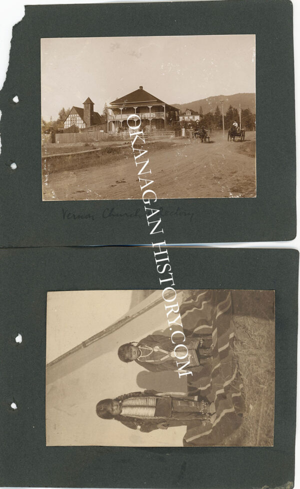 Two 1910 photographs on a black album page: a Vernon BC street with a large veranda-fronted building and horse-drawn wagons, pencil-captioned on the mount, and two children in patterned blankets standing beside a canvas tent