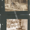 Two 1910 photographs on a black album page: a log cabin and canvas tent in a clearing among birch trees, and a mounted rider with a second horse on a forest trail, the lower photograph pencil-captioned on the mount