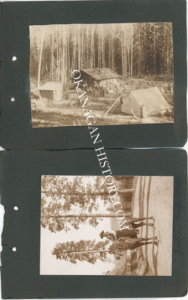 Two 1910 photographs on a black album page: a log cabin and canvas tent in a clearing among birch trees, and a mounted rider with a second horse on a forest trail, the lower photograph pencil-captioned on the mount