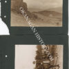 Two 1910 photographs on a black album page: a view along a dry hillside toward open valley country near Vernon BC with an isolated house below, and a rider in a wide-brimmed hat on horseback in front of a wooden building