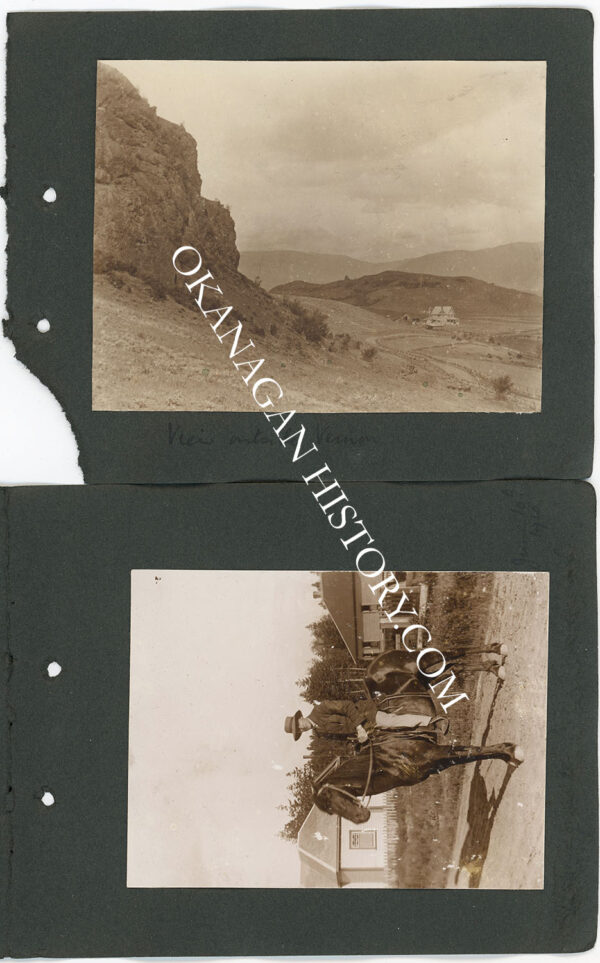 Two 1910 photographs on a black album page: a view along a dry hillside toward open valley country near Vernon BC with an isolated house below, and a rider in a wide-brimmed hat on horseback in front of a wooden building