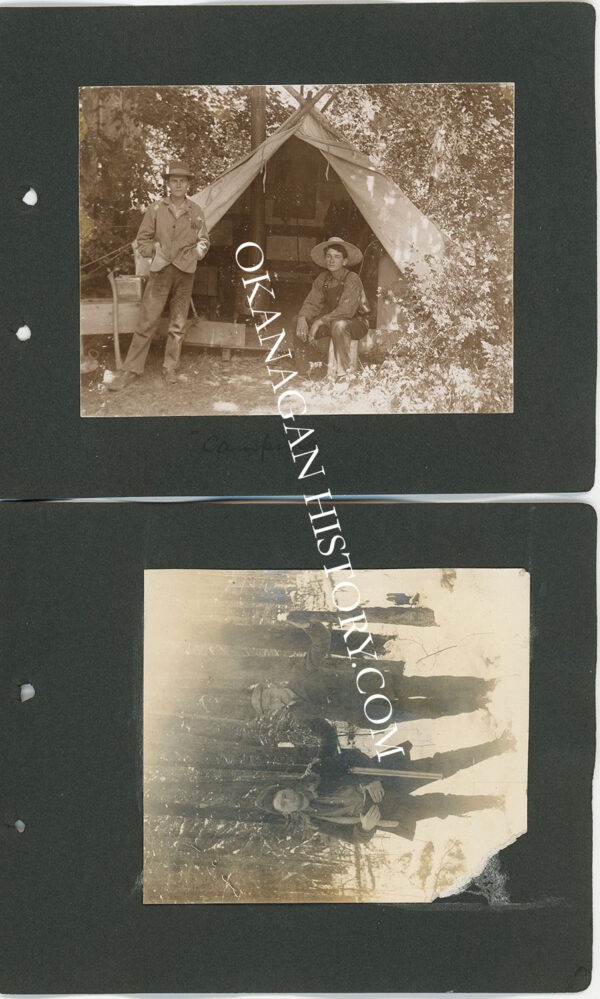 Two 1910 photographs on a black album page: two men in hats beside a canvas wall tent in a wooded camp, pencil-captioned on the mount, and a group of people gathered among felled timber in a cleared area