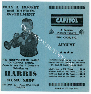 CAPITOL THEATRE PENTICTON BC WITH HARRIS MUSIC SHOP TICKET COVER 1955 CAPITOL THEATRE AND HARRIS MUSIC SHOP TICKET COVER 1955