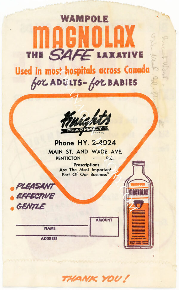 KNIGHT'S PHARMACY PENTICTON BC PRODUCT BAG WITH ADS CIRCA 1960