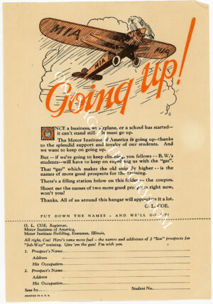 MOTOR INSTITUTE OF AMERICA MAILOUT PROMOTING MAILORDER COURSES IN AERO-MECHANICS TRAINING 1930