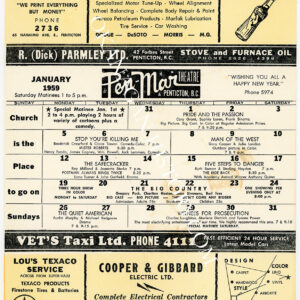PEN-MAR THEATRE PENTICTON BC MOVIE SCHEDULE FOR JANUARY 1959