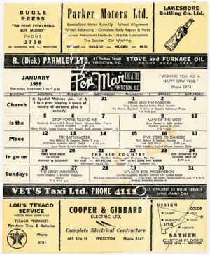 PEN-MAR THEATRE PENTICTON BC MOVIE SCHEDULE FOR JANUARY 1959