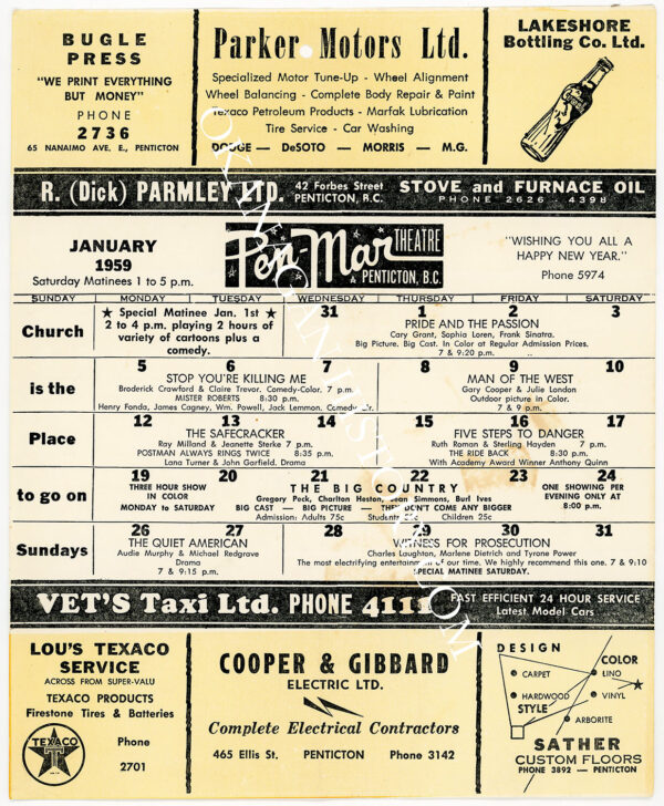 PEN-MAR THEATRE PENTICTON BC MOVIE SCHEDULE FOR JANUARY 1959