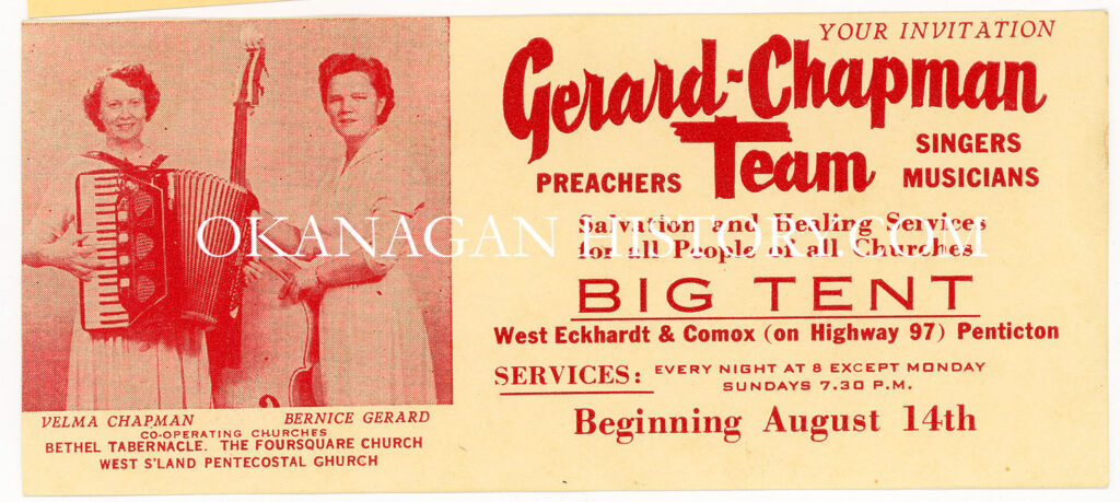 GERALD-CHAPMAN TEAM EVANGELISTS BIG TENT INVITATION 1953 IN PENTICTON
