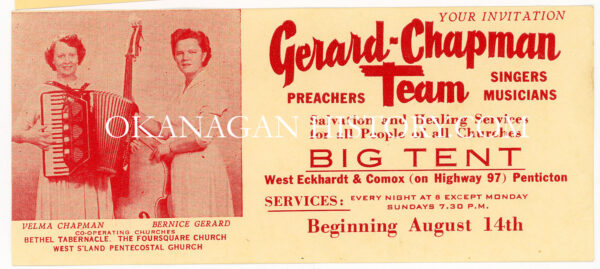 GERALD-CHAPMAN TEAM EVANGELISTS BIG TENT INVITATION 1953 IN PENTICTON