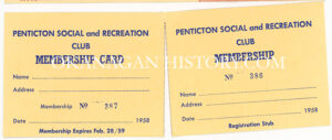 SOCIAL CLUB PENTICTON SOCIAL AND RECREATION MEMBERSHIP CARDS 1958