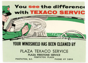 PLAZA TEXACO SERVICE PENTICTON WINDSHIELD TAG PLAZA TEXACO SERVICE WINDSHIELD SERVICE CARD CIRCA 1955 PENTICTON BC