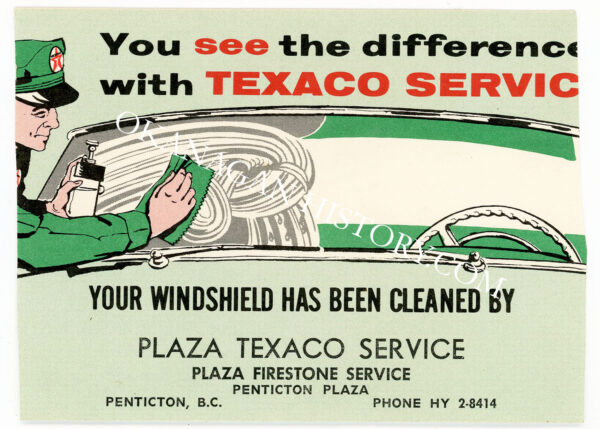 PLAZA TEXACO SERVICE WINDSHIELD SERVICE CARD CIRCA 1955 PENTICTON BC